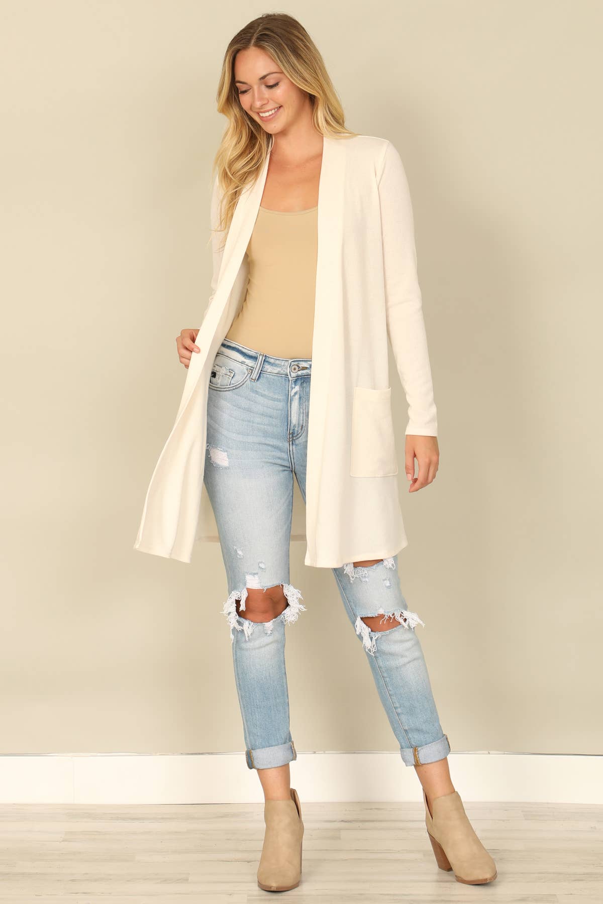 You & Me - Wholesale Cardigan - Women's - YMC30014V-SOLID LONG SLEEVE SIDE POCKET OPEN FRONT CARDIGAN2