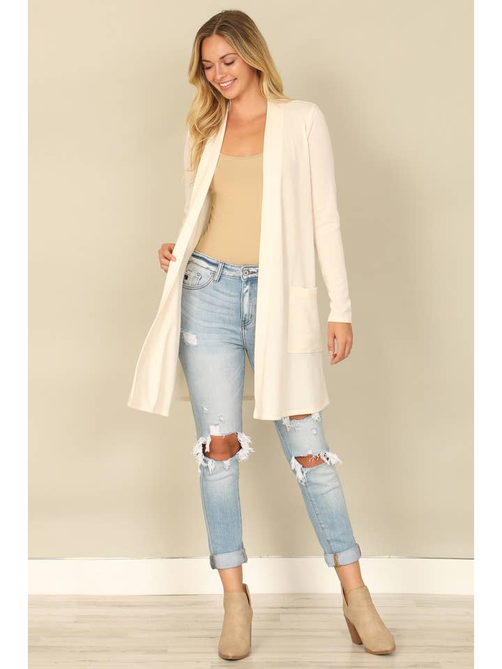 You & Me - Wholesale Cardigan - Women's - YMC30014V-SOLID LONG SLEEVE SIDE POCKET OPEN FRONT CARDIGAN2