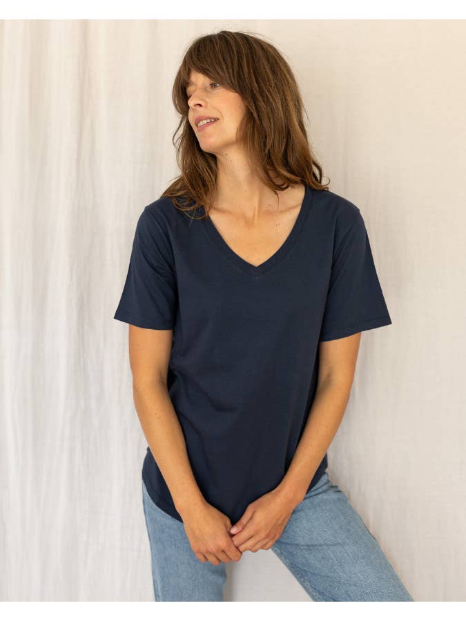 Ivy - Wholesale T-Shirt - Women's - Dotty V Organic Cotton Navy T-Shirt