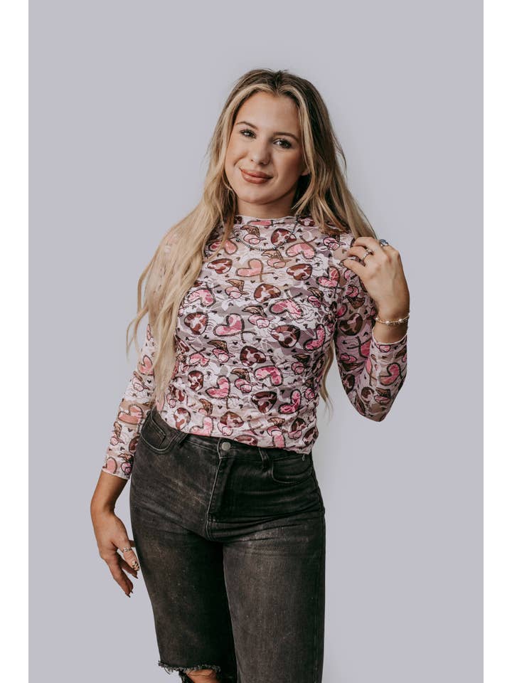 Pink TZ63 Western Heart Lace Top for wholesale on Faire1