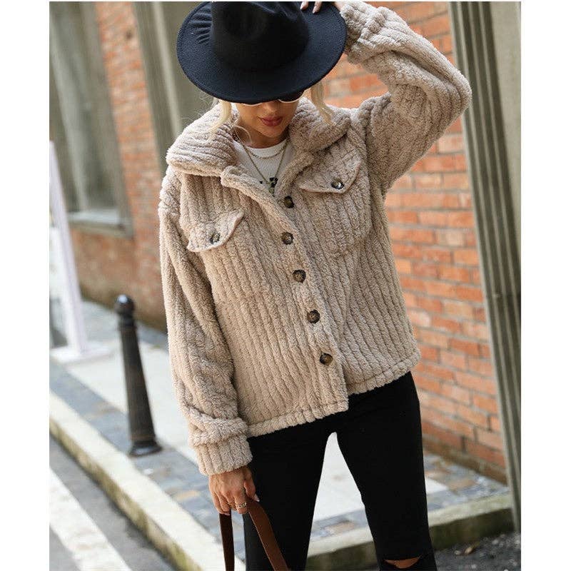 LIGHT COFFEE Double-Sided Fleece Solid Color Lapel Single Breasted Outerwear for wholesale on Faire2