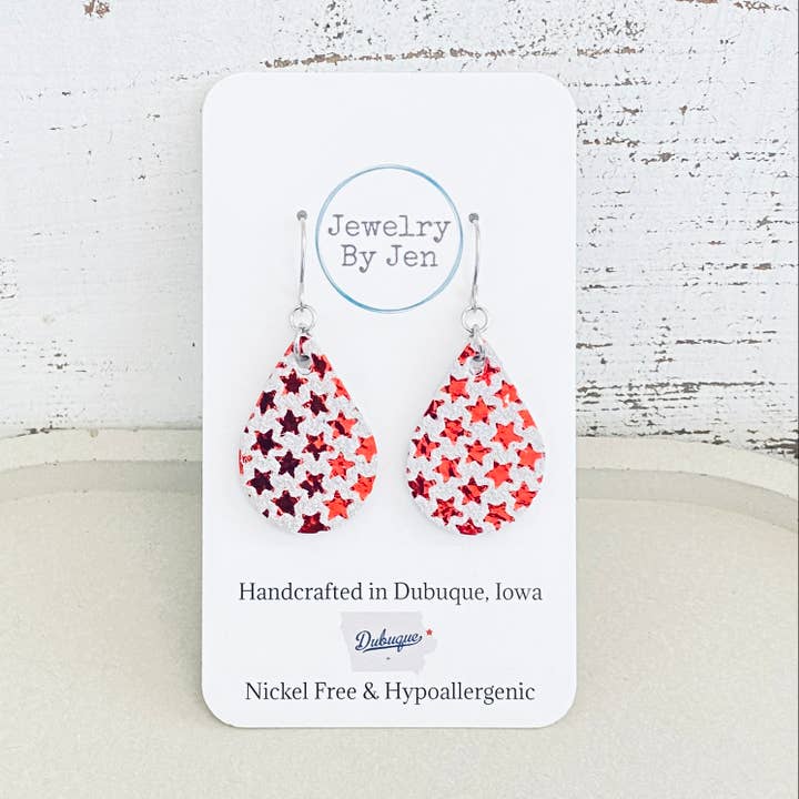 Small Teardrop Earrings: Red Stars on White Suede for wholesale by Jewelry By Jen