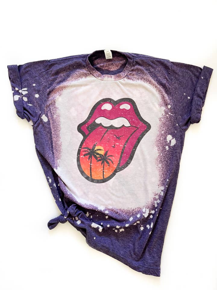 Wandering Owl Designs - Wholesale Screen Printed T-Shirt - Women's - Sunset Palm Trees Tongue Summer Beach Bleached Tee