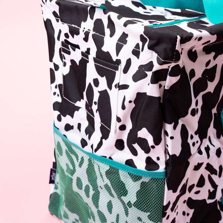 Wholesale Accessory Market - Wholesale Basket - NGIL Deja Moo with Turquoise Trim Collapsible Double Haul-It-All Basket with Mesh Pockets and Lid2