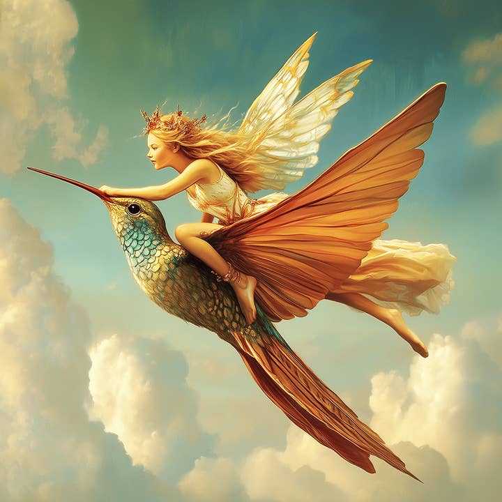 Mowbi - Vendita all'ingrosso Stampa artistica - Fata che Cavalca un Colibrì - Stampe d'Arte di Fate – Opera d'Arte 8″x8″ in Passepartout 12″x12″
