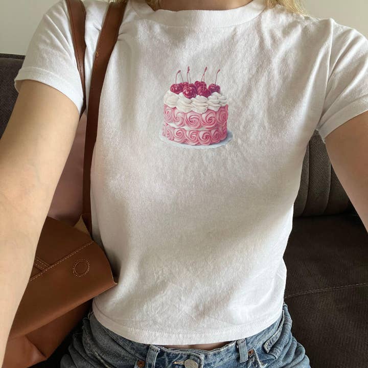 Pink Cherry Cake Graphic Cropped Tee for Women for wholesale by FizzCandy Designs