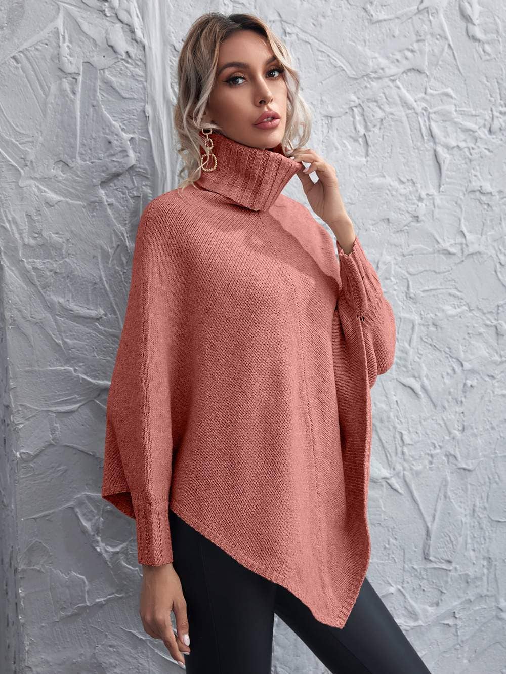 Queen Fashion - Wholesale Knit Sweater - Women's - turtleneck asymmetrical hem poncho sweater5