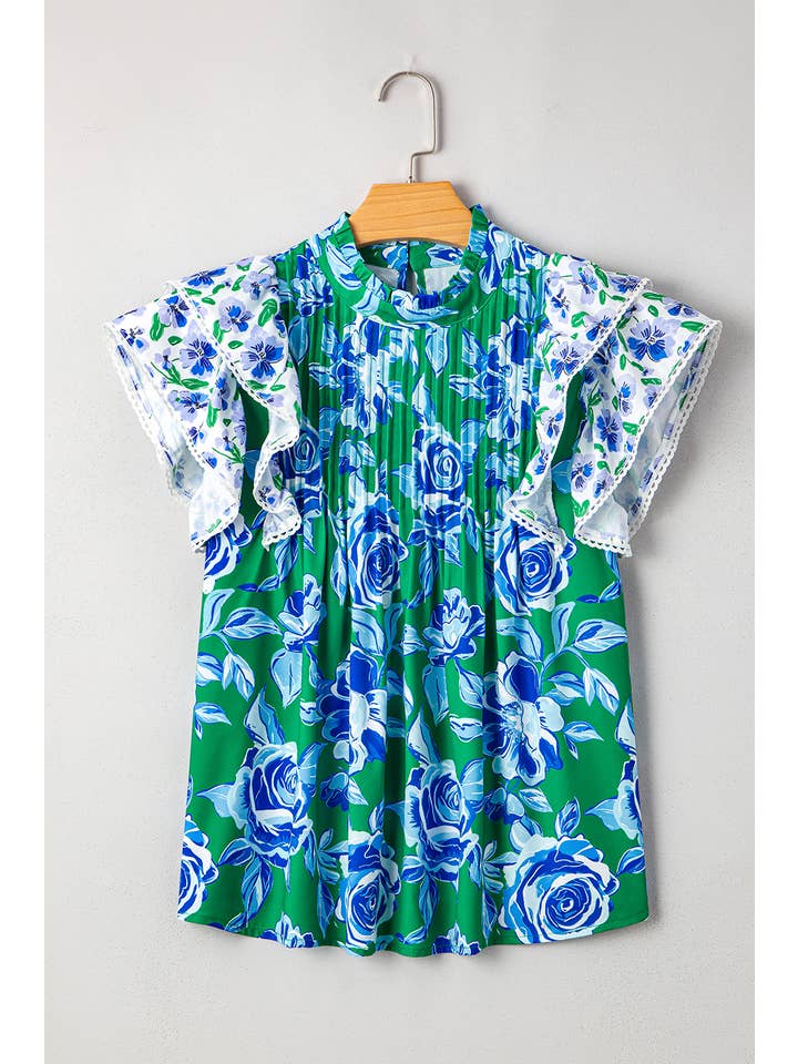 Green Floral Lace Trim Ruffle Sleeve Pleated Loose Blouse (S-XL) for wholesale on Faire