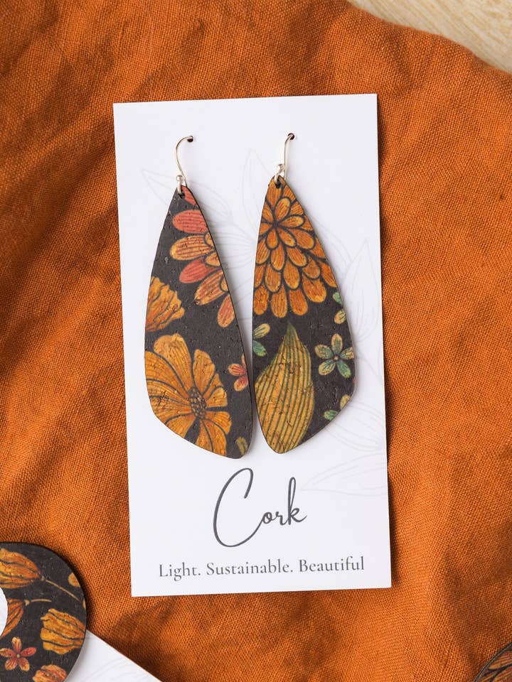Floral on Black Cork Earrings - Large Wing for wholesale by Hello Lovely Cork Co.
