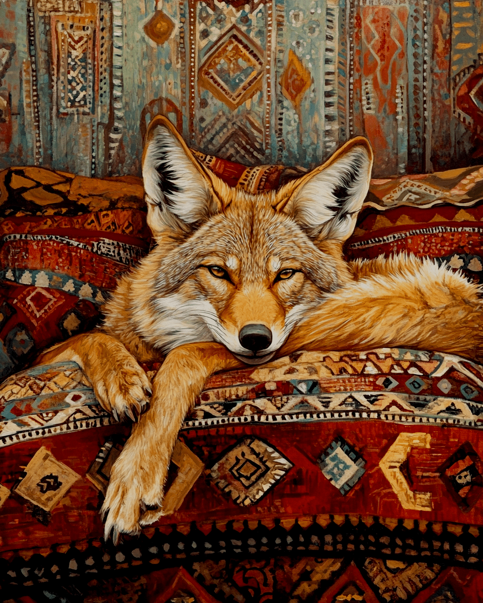 Mowbi – wholesale Art print – Coyote Relaxing on Bed - Bedroom Art Prints – 8″x10″ Artwork in 11″x14″ Mat0