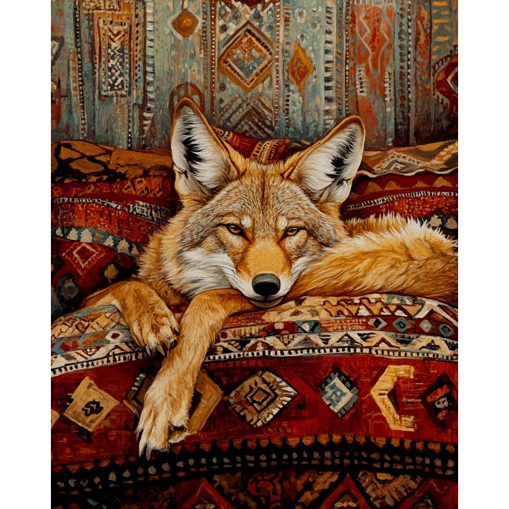 Mowbi – wholesale Art print – Coyote Relaxing on Bed - Bedroom Art Prints – 8″x10″ Artwork in 11″x14″ Mat