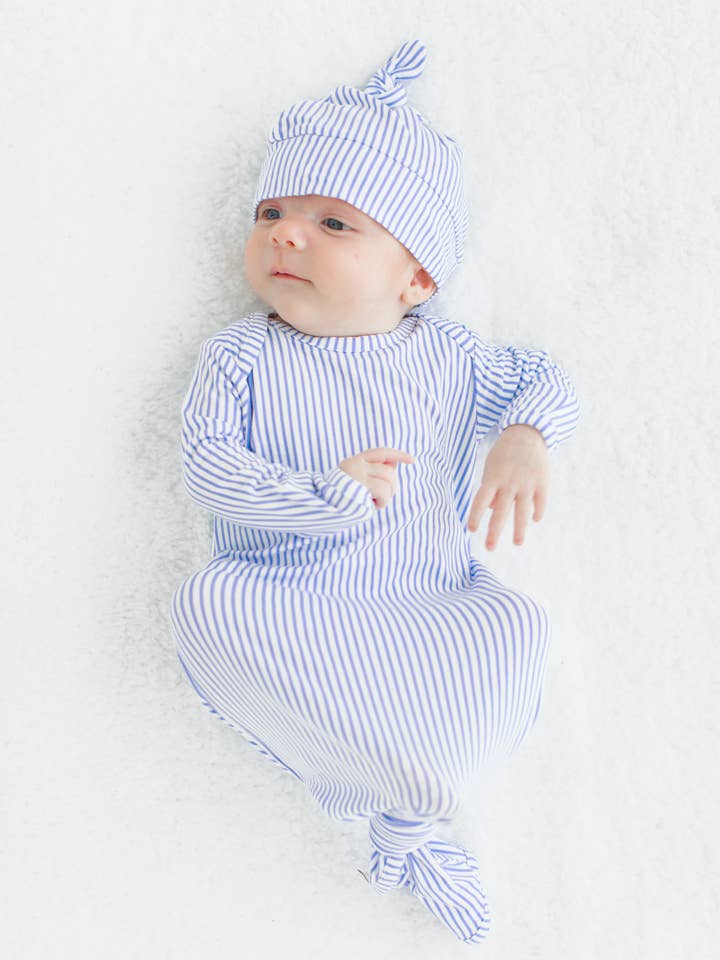 Blue SoftSnooze™ Baby Boys Bamboo Viscose Periwinkle & White Micro Stripe Knotted Sleep Gown & Hat Set
for wholesale on Faire3