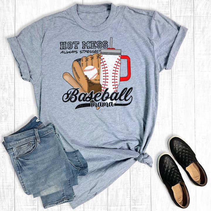 Hot Mess Always Stressed Baseball Mama Graphic Tee for wholesale by The Way Down South