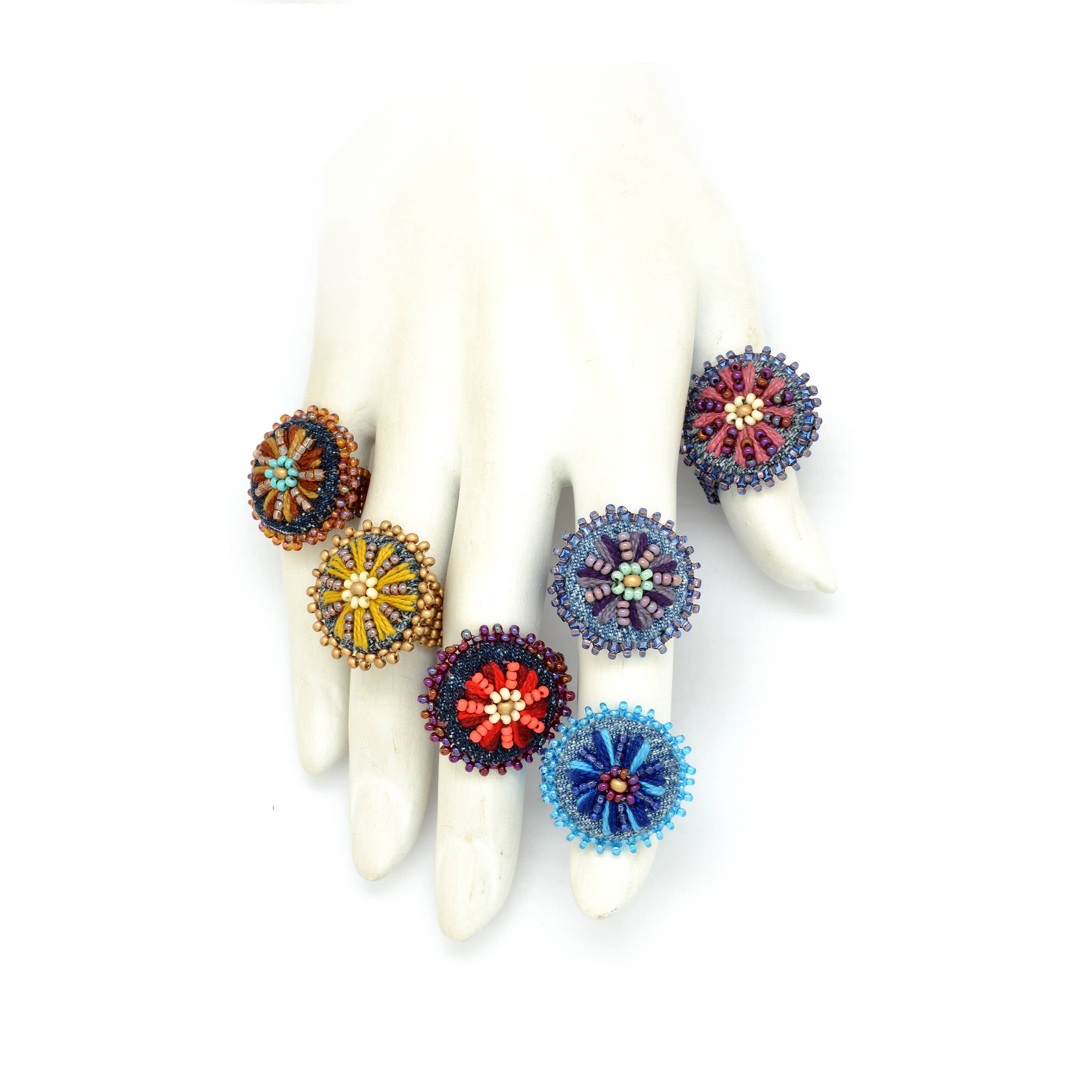 Dunitz & Company - Wholesale Cocktail/Statement Ring - Embroidered & Beaded Denim Flower Rings - Fair Trade2