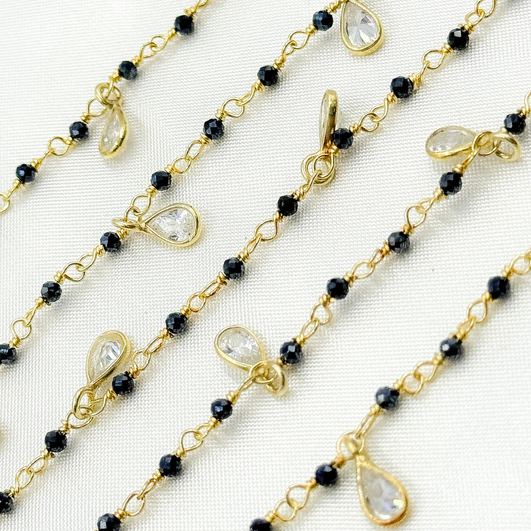 Tresor Jewelry Inc. - Wholesale Link & Chain Necklace - Coated Black Spinel & CZ Dangle Gold Plated Wire Chain. CBS194