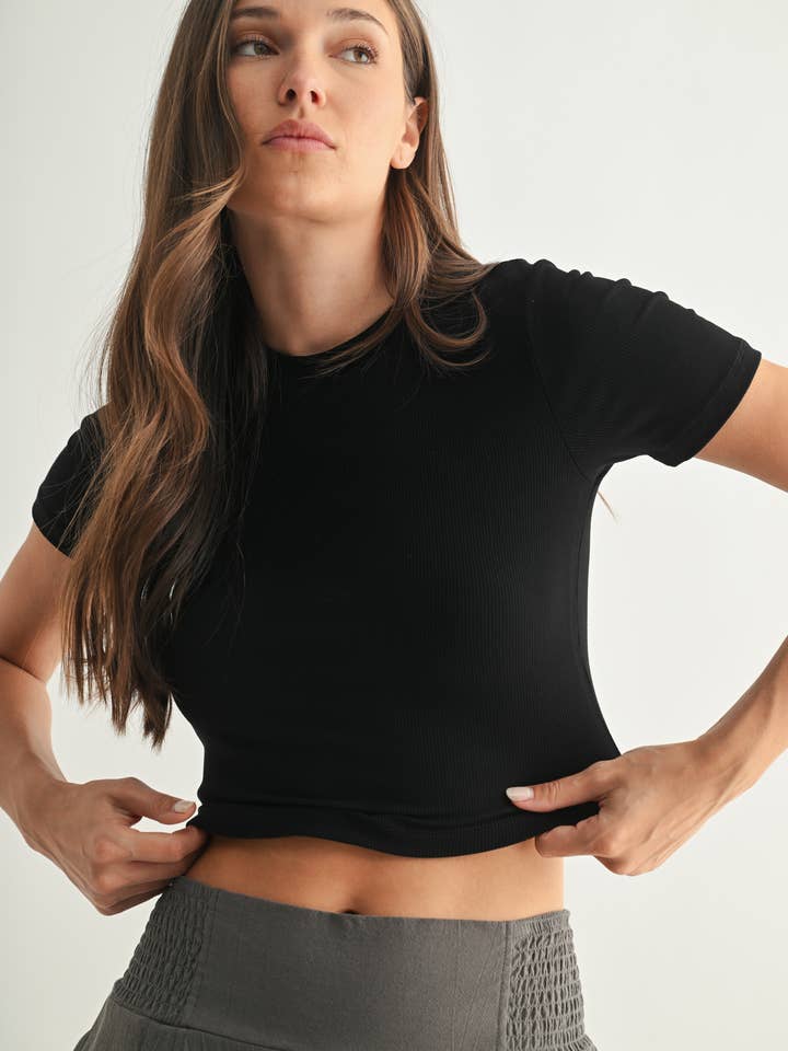 Mono B - Wholesale Athletic Top - Women's - Essential Micro-Ribbed Athleisure Baby Tee