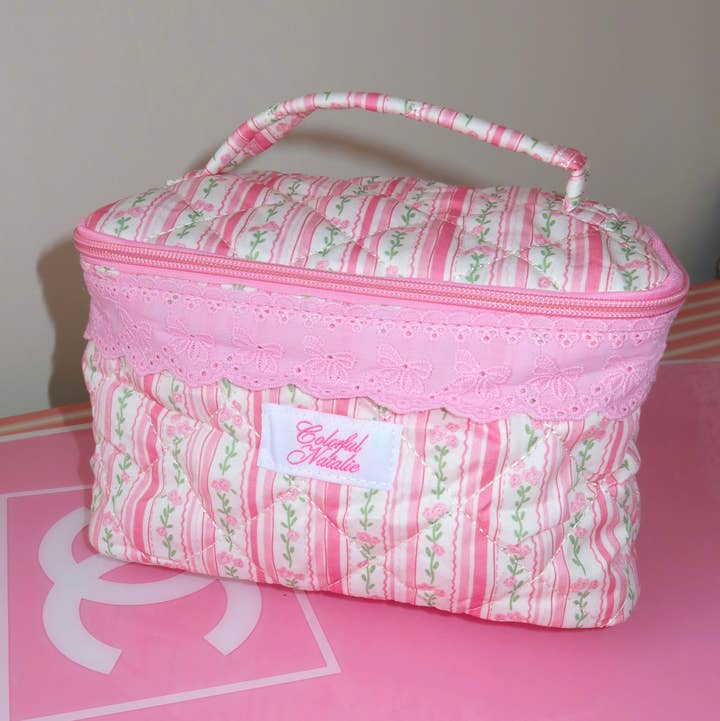 Colorful Natalie - Wholesale Makeup/Cosmetic Bag - Flowers and Stripes Handle Makeup Bag0