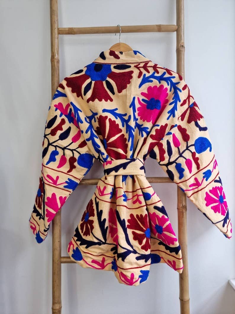 Essential Designs London – wholesale Jacket – Women's – Suzani Hand Embroidered Short Jacket | Autumn Boho Uzbek Kashmir Crewel | Christmas Special Gift | Classic Beige Pink Teal Turquoise |7
