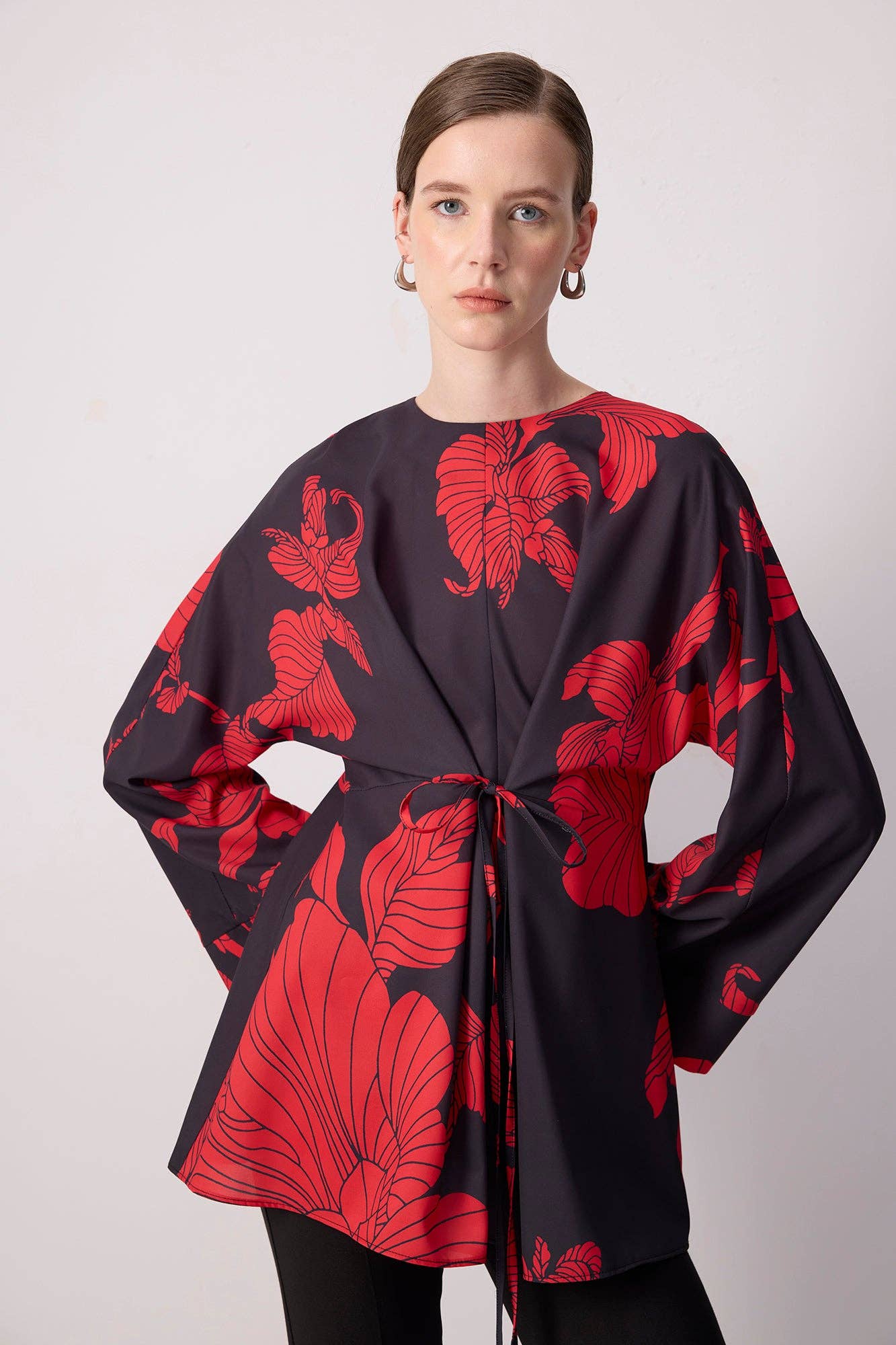 Black Red Floral Kimono Sleeve Tunic with Waist Tie for wholesale on Faire5
