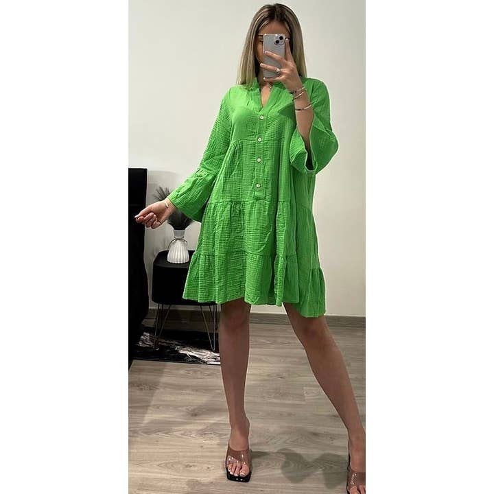SW175 Green Gauze Cotton Italian Short Dress 3/4 Sleeves for wholesale by LOOWIE