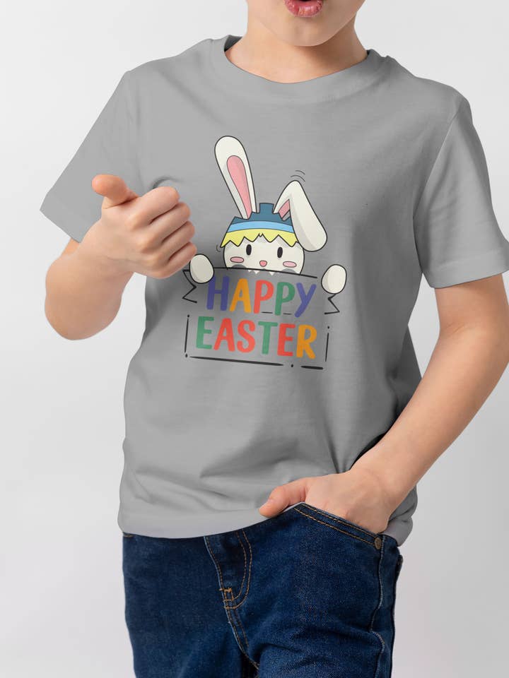 GoboxPrintCo - Wholesale Shirt - Uniseks - Vrolijk Pasen Konijn T-Shirt – Schattig Pastelontwerp voor Kinderen0