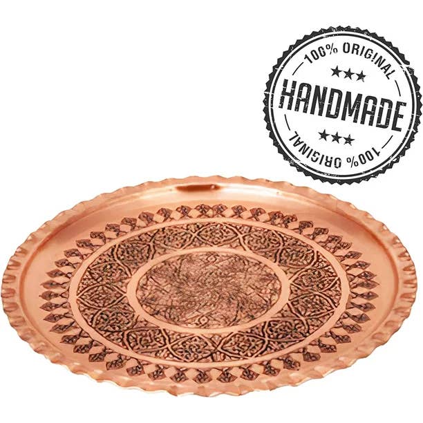 Hakan - Wholesale Serving Tray - Handmade Vintage Round Ottoman Hammered Copper Tray 13.4 in