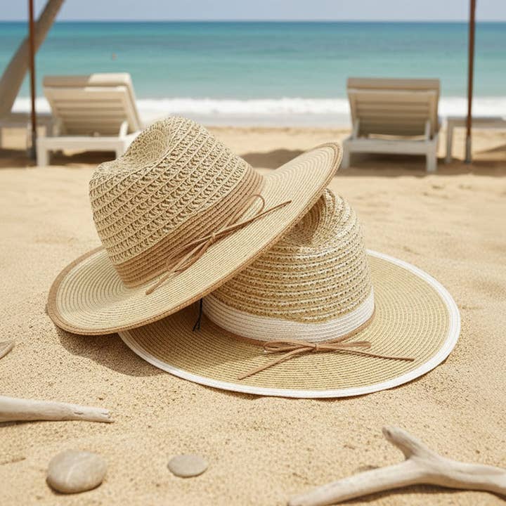 Zweifarbiger Strohhut mit Schleifenakzent für den Sommer für den Großhandel von Sensibling Corp.