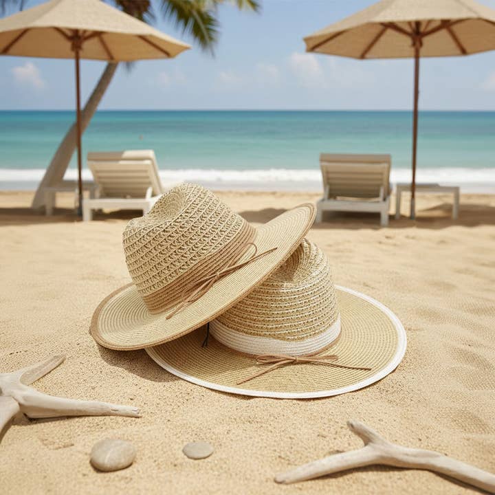 Bow Accent Two Tone Woven Straw Summer Fedora Hat for wholesale by Sensibling Corp.