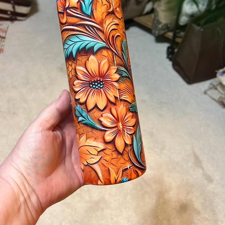 Tooled Leather Sunflowers 20 oz Insulated Skinny Tumbler for wholesale by Cedar Hill Country Market