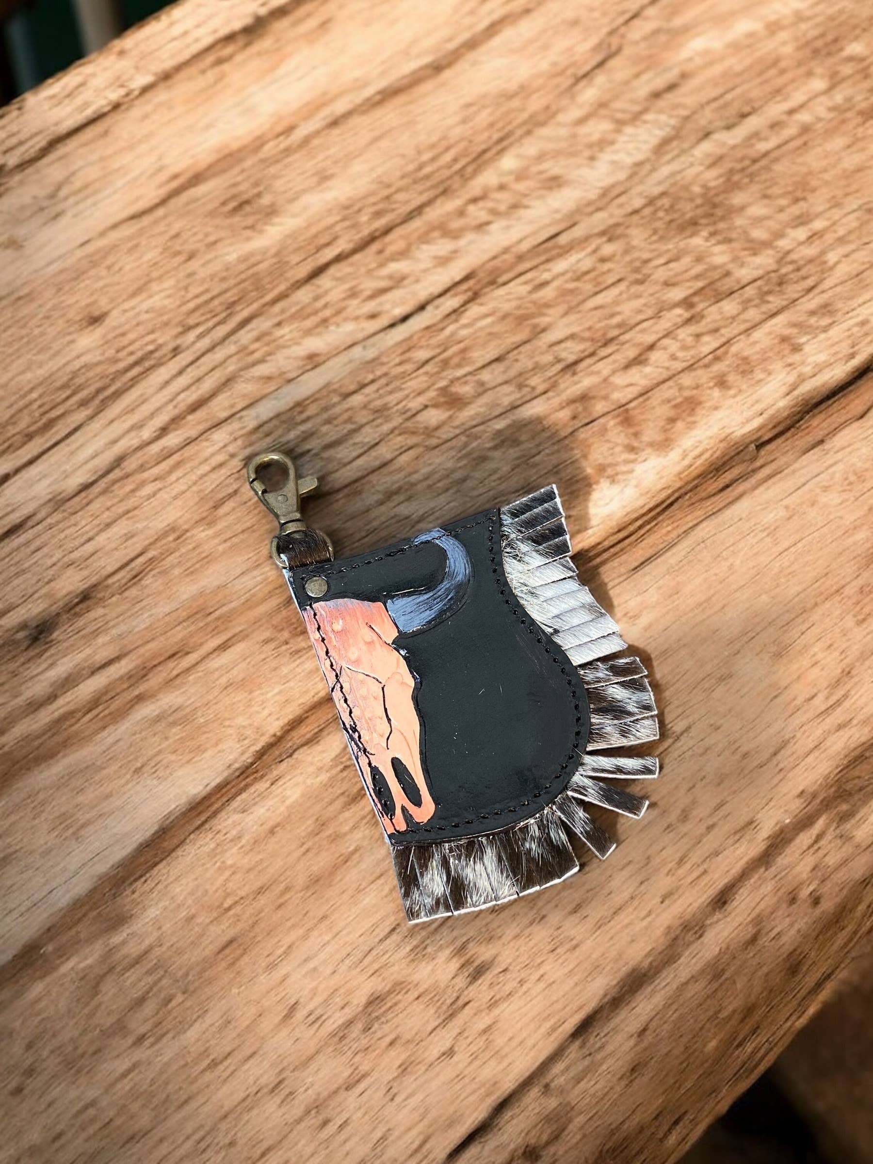 Western Linens - Wholesale Keychain - Women's - Skull Fringe Cowhide & Tooled Keychain