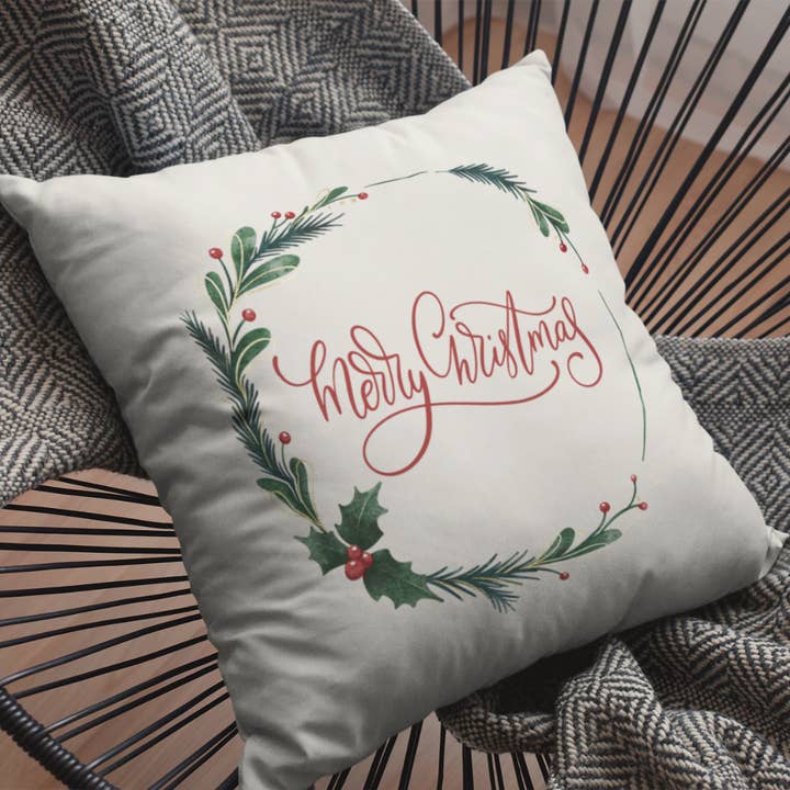 Go Charlotte - Wholesale Throw Pillow Cover - Merry Christmas Holly Wreath Pillow Cover3