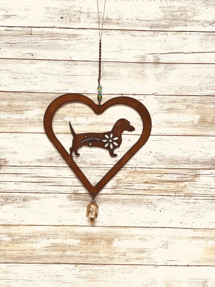 Heart Outline with Dachshund Garden Friend 9 Inch Bell for wholesale by Universal Ironworks USA