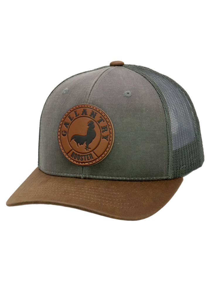 Rooster Gallantry Faux Oiled Leather Trucker Hat for wholesale by Cap Zone