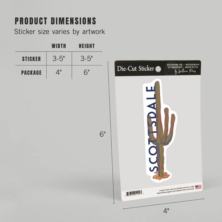 Lantern Press - Wholesale Sticker - STICKERS Scottsdale, Arizona, Cactus, Icon