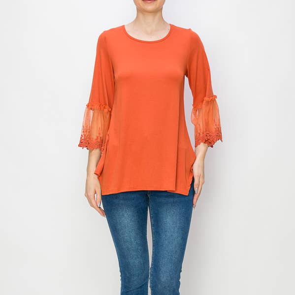 TUNIEKTOP MET KANTEN MOUWAFWERKING-4480ROEST voor wholesale door Origami Apparel ~ Lace and Crochet inspired