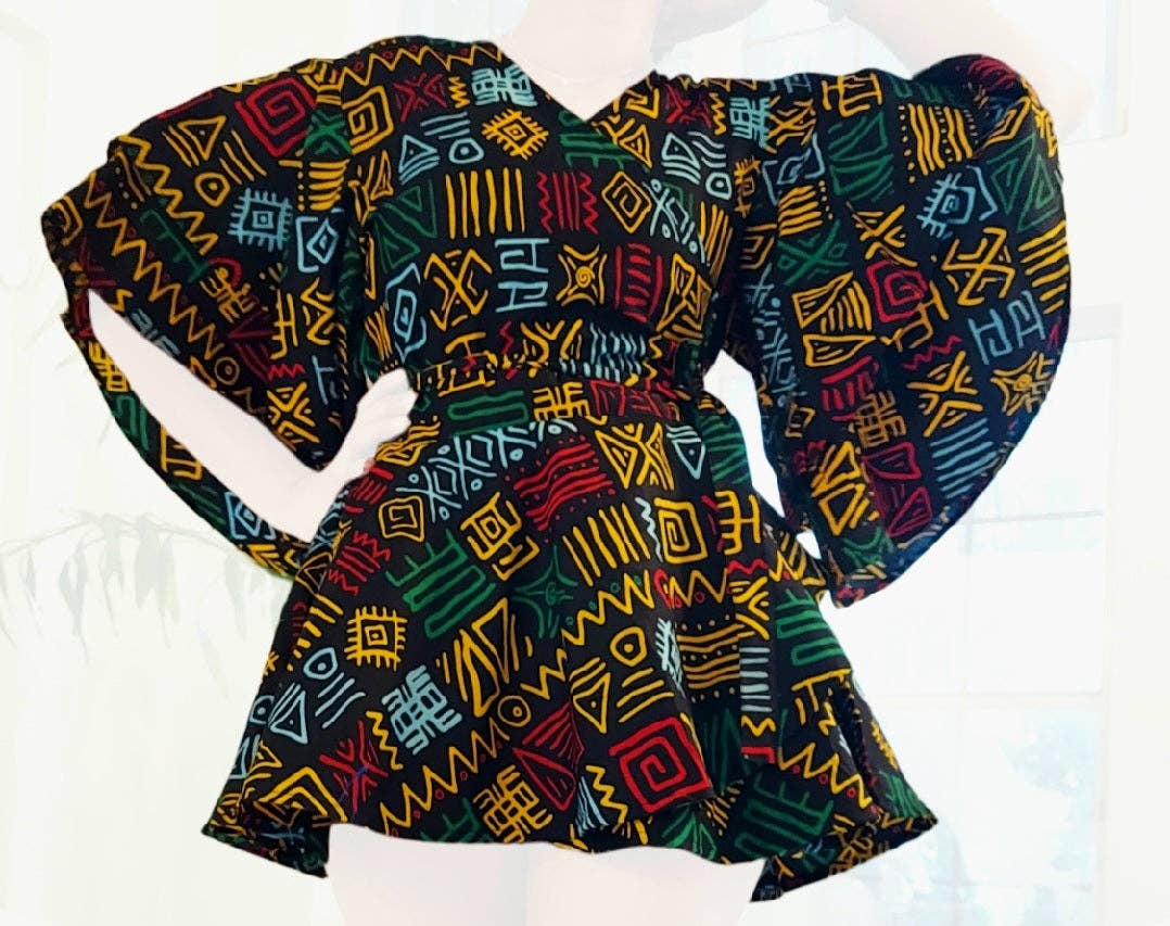 India Batik - Vente Ensemble haut et pantalon (PAS d'intérieur) - Femme - Pantalon Palazzo et chemisier cache-cœur - Noir/Rasta5