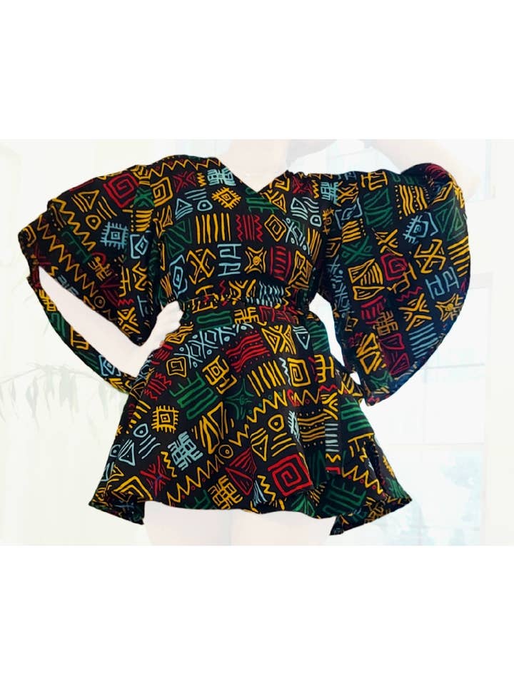 India Batik - Vente Ensemble haut et pantalon (PAS d'intérieur) - Femme - Pantalon Palazzo et chemisier cache-cœur - Noir/Rasta5