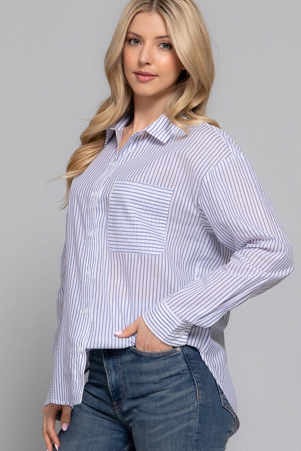 Active Basic | Active USA - Wholesale Button Down Shirt - Women's - Long Sleeve Y/D Stripe Voile Shirt7