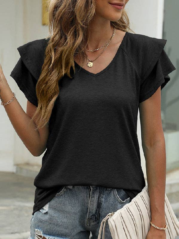 UZ Wholesale Store - Wholesale Blouse - Women's - Loose Ruffle Sleeves Double Layered Solid Color Split-Joint Round-Neck T-Shirts Tops0