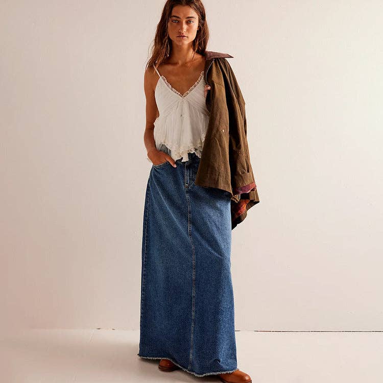 Dipped Shop - Vendita all'ingrosso Gonna - Donna - Gonne Maxi in Denim Casual con Orlo Grezzo Lavato DP25C4688
