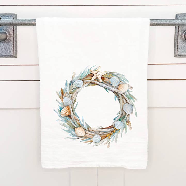 Seashell Driftwood Wreath - Customizable Cotton Tea Towel for wholesale by Cottage Shore
