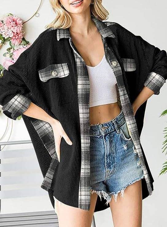 Queen Fashion – wholesale Jacket – Women's – sleeve top melliflo waffle knit plaid shacket22