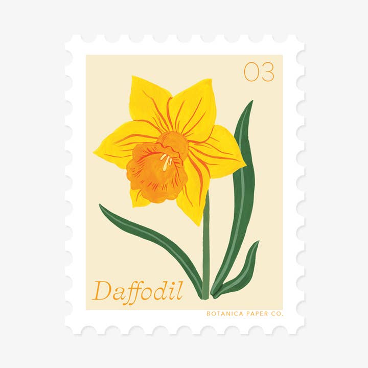 DAFFODIL, MARCH FLOWER | STAMP-STYLE VINYL STICKER for wholesale by Botanica Paper Co.