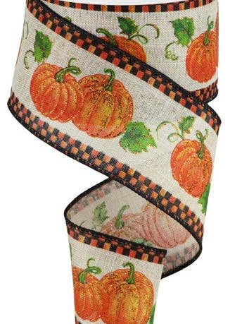 2.5"X10YD GLITTER PUMPKIN W/LEAVES NATURAL/ORANGE/GRN/GOLD (I) for wholesale by Waterman's Loft Inc.