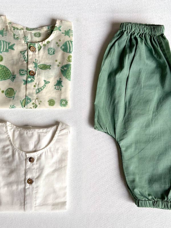 UNISEX ORGANIC KOI BAG - KOI MINT AND WHITE KURTA + MINT PAN for wholesale by House of Amaya