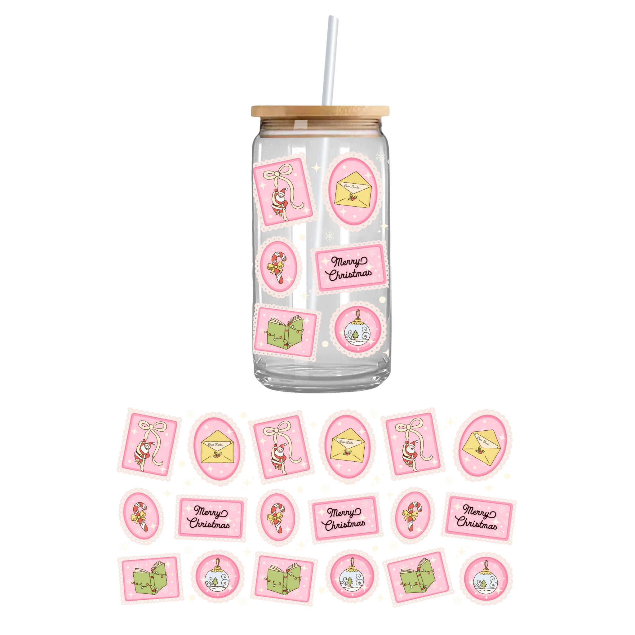 Teddy Transfers - Wholesale Sublimation Transfer - Pink Christmas Stamps UV DTF Cupwrap0