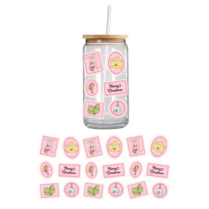 Teddy Transfers - Wholesale Sublimation Transfer - Pink Christmas Stamps UV DTF Cupwrap