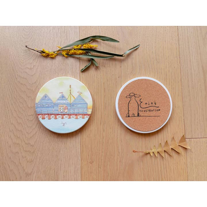 Sottobicchiere in ceramica Busselton Jetty Acquerello Arte WA Decorazione per la vendita all'ingrosso da parte di ENJOY ILLUSTRATION ART