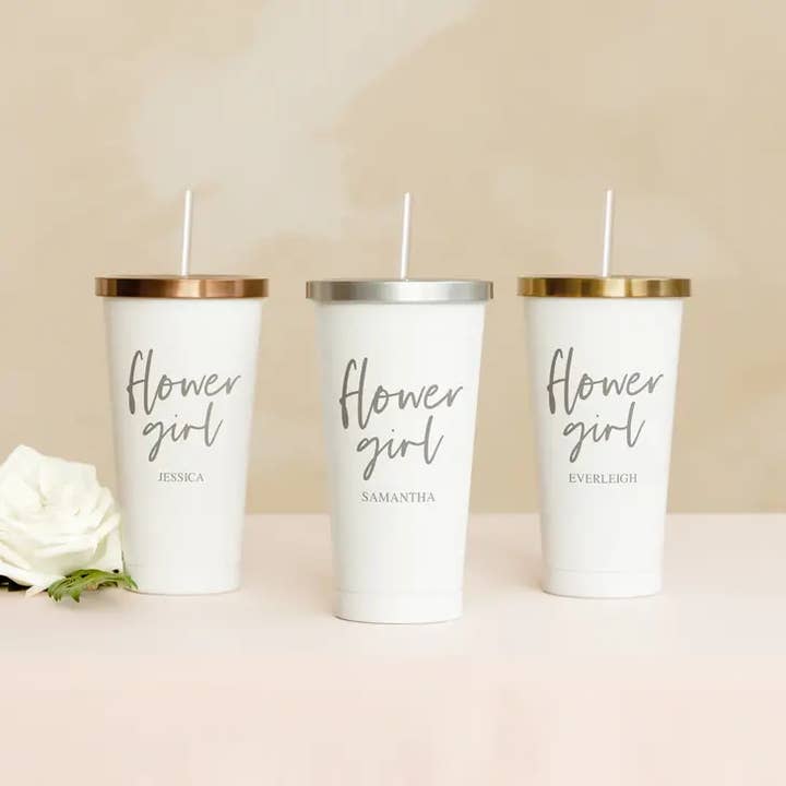 Weddingstar Inc. - Wholesale Insulated Mug/Tumbler - White Metal Drink Tumbler W/ Metallic Lid - Flower Girl