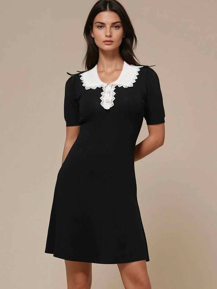 Robe courte en maille noire à col Claudine pour femmes SKD4034 pour la vente par Sweetkama